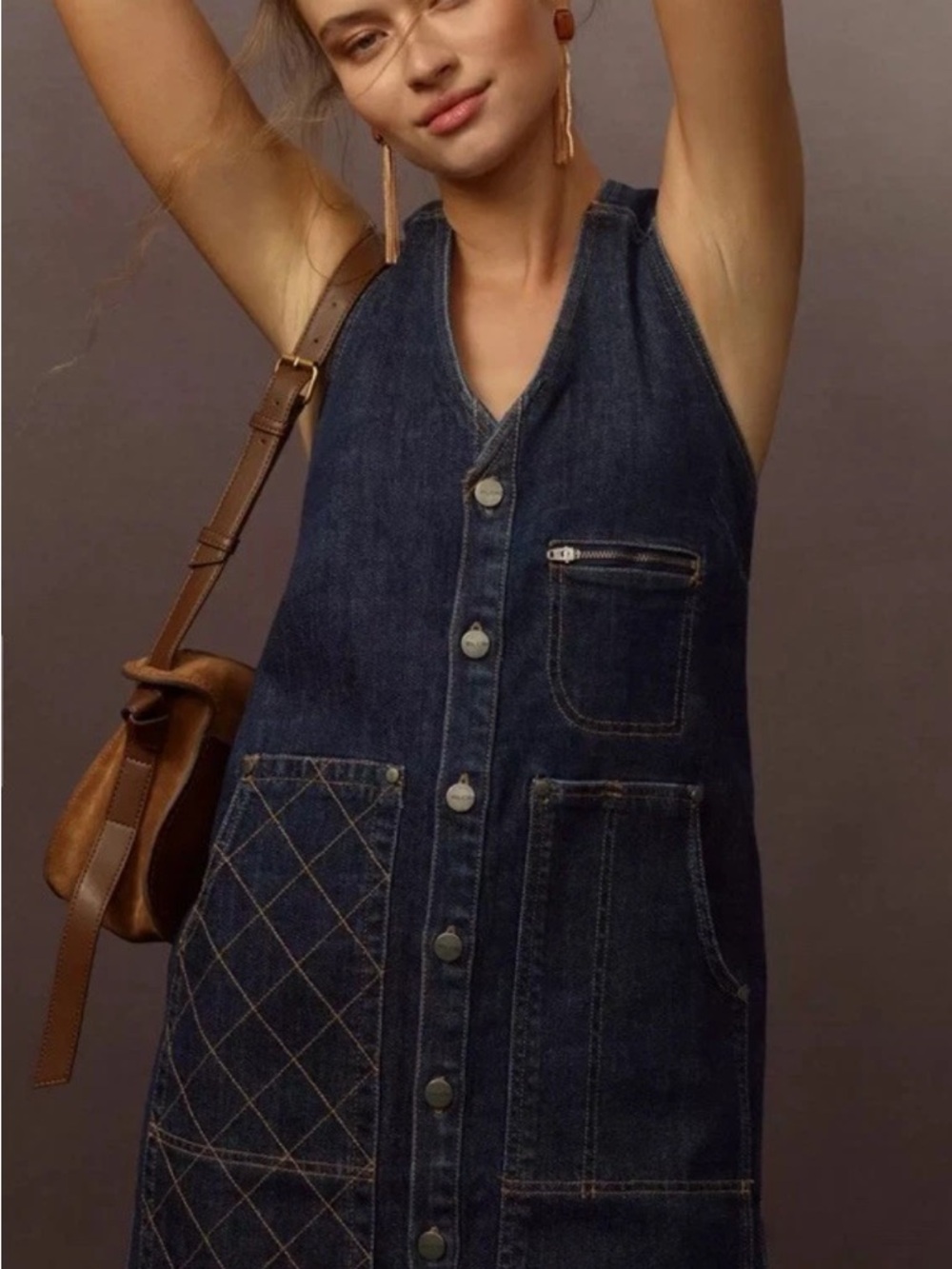 Pilcro Anthropologie Pinafore V Neck Mini Blue Denim Dress XL New NWT Sleeveless - Picture 2 of 11